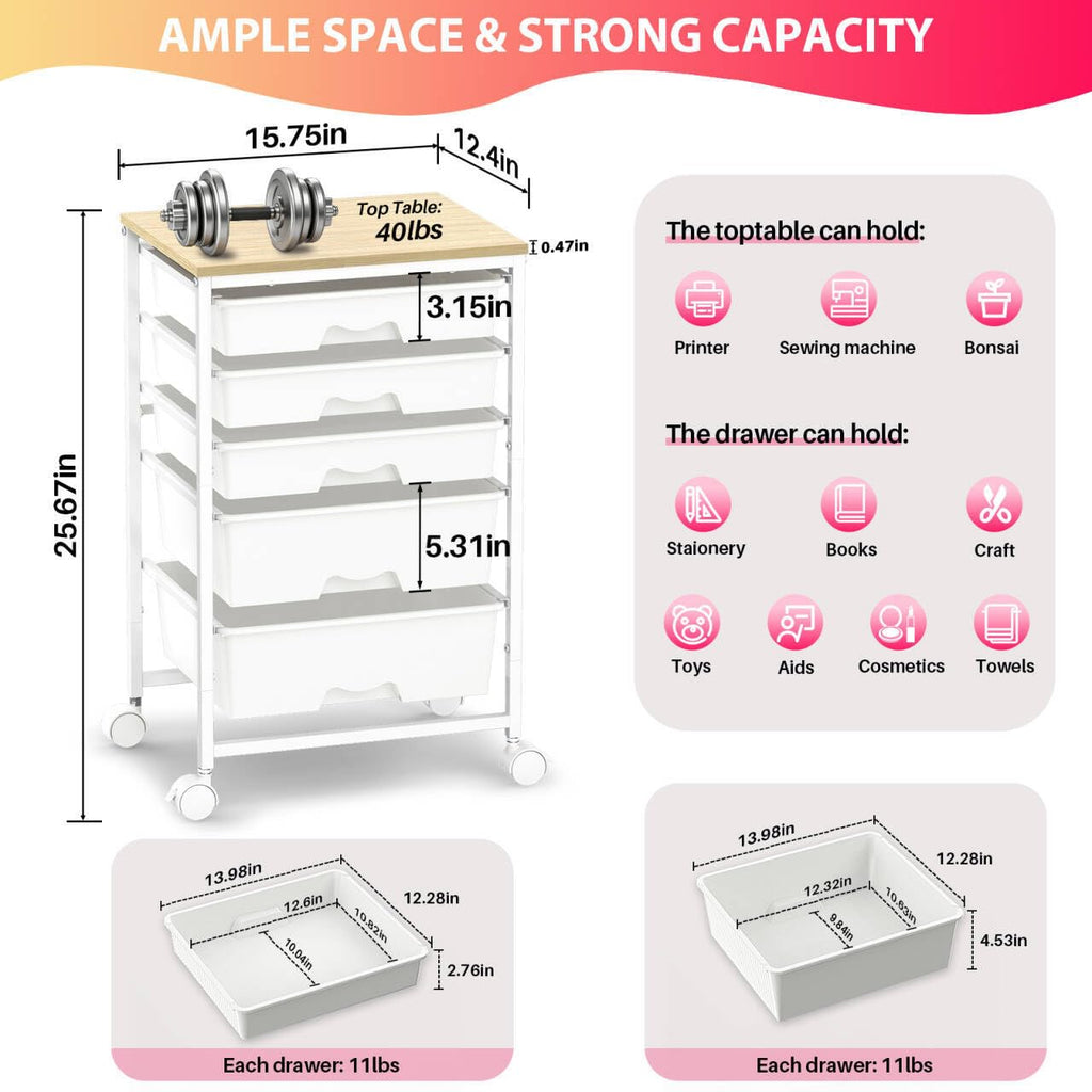 White Rolling Cart with 5 Drawers F5462