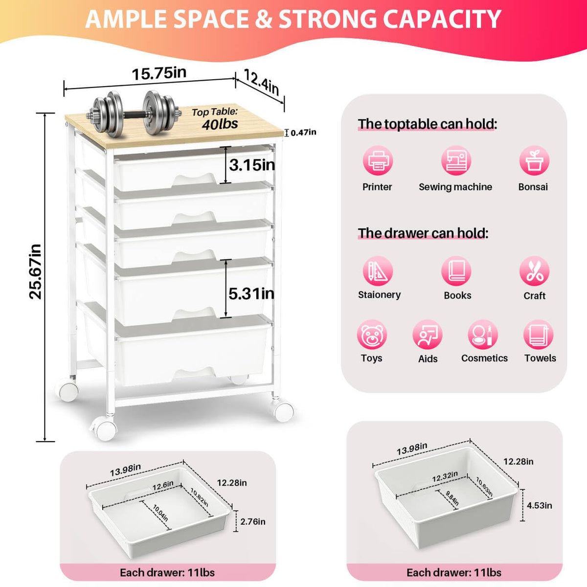 White Rolling Cart with 5 Drawers F5462