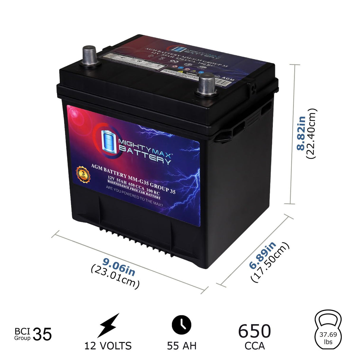 12V 55Ah AGM 650 CCA Group Size 35 Battery K80800