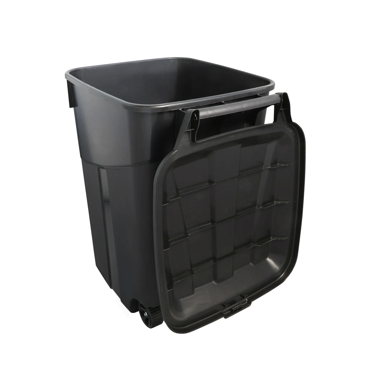 45 Gallon Black Wheeled Trash Can with Attached Lid B676239