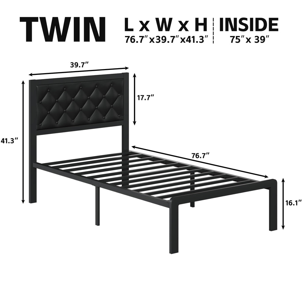 Black PU Leather Upholstered Twin Bed Frame with Headboard N298