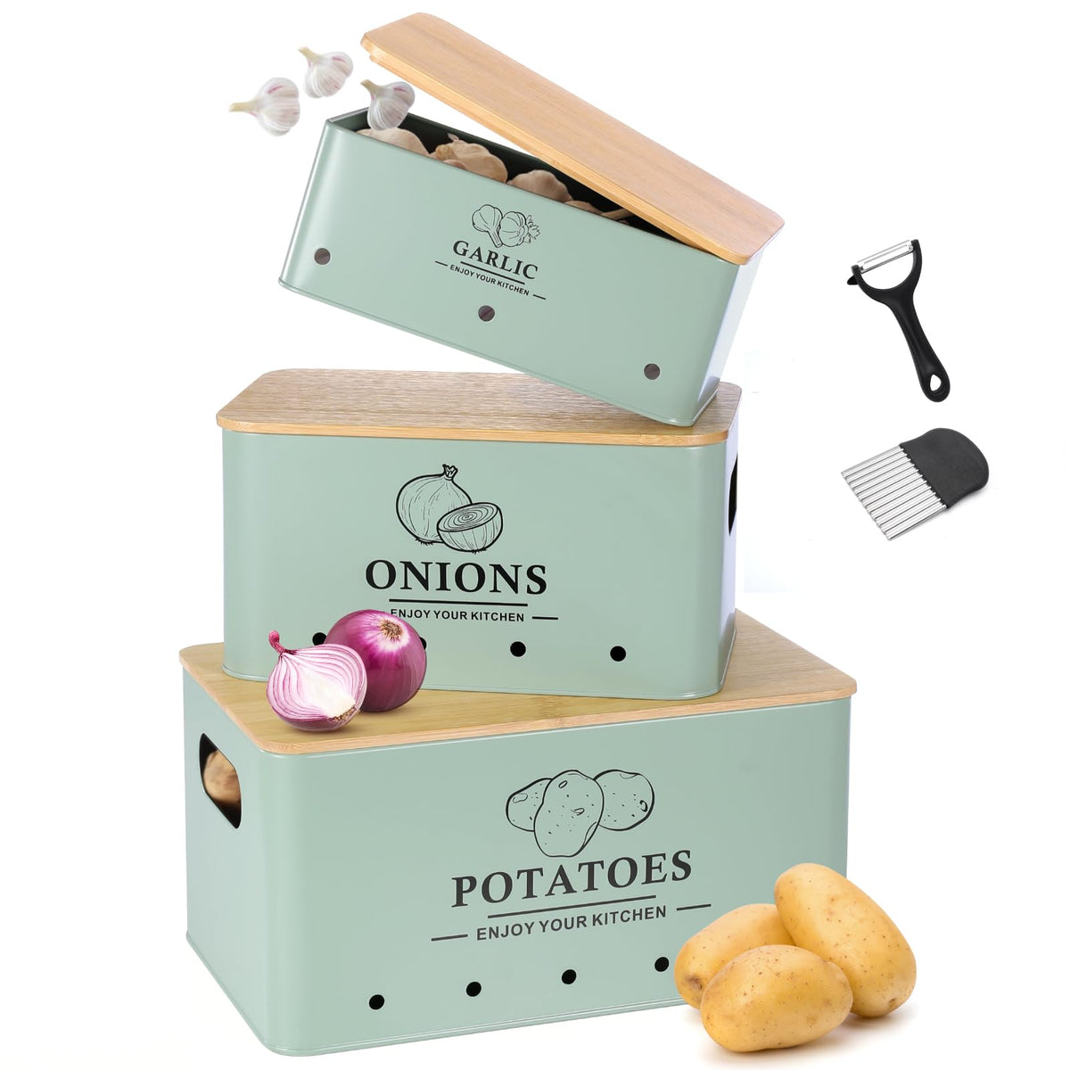Metal Vegetable Storage Set of 3 with Aerating Holes and Bamboo Lid V3833