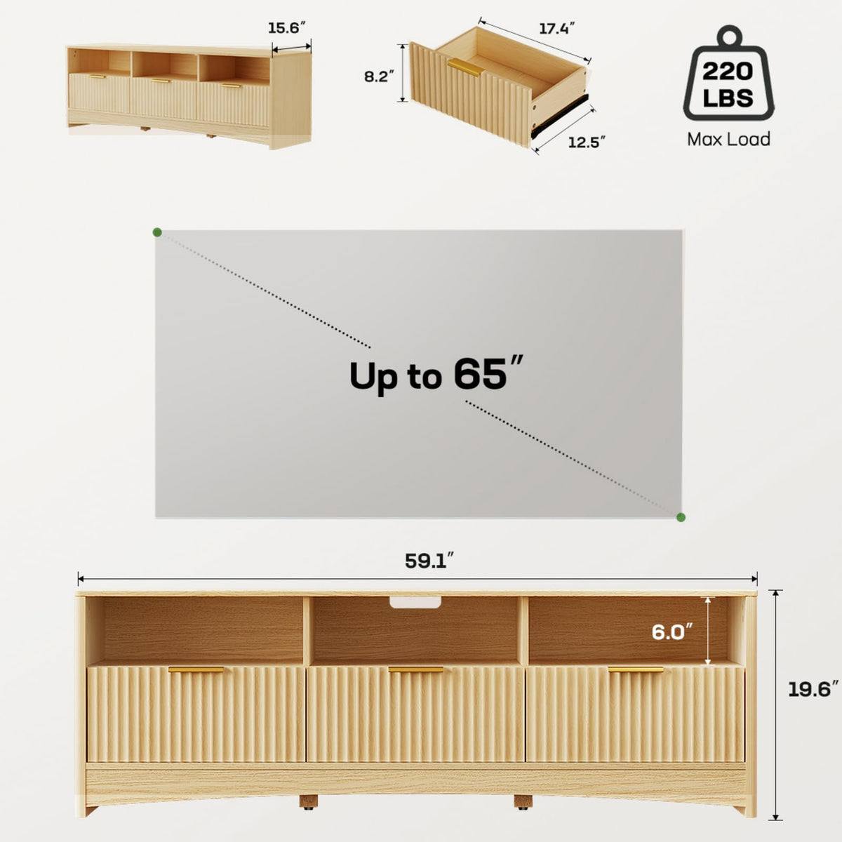 59″ Wide 3 Drawer TV Stand with Open Shelves, Natural Oak O786