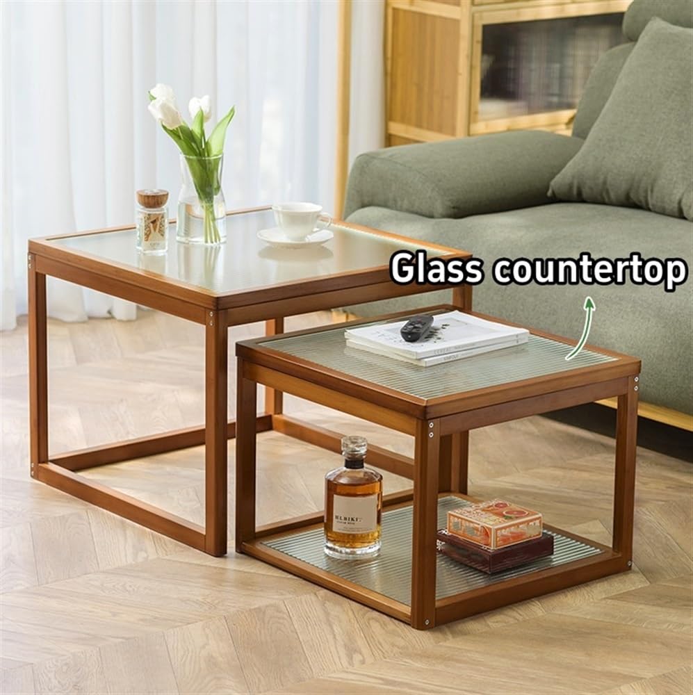 Nesting Coffee Tables Set of 2 Wooden Square Side Table with Tempered Glass Top F80505