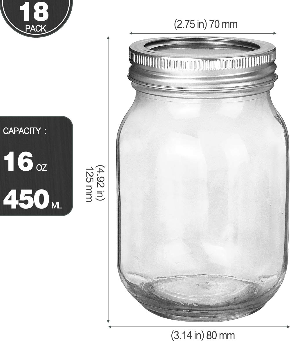 16oz Regular Mouth Mason Jars 18 Pack Y902494