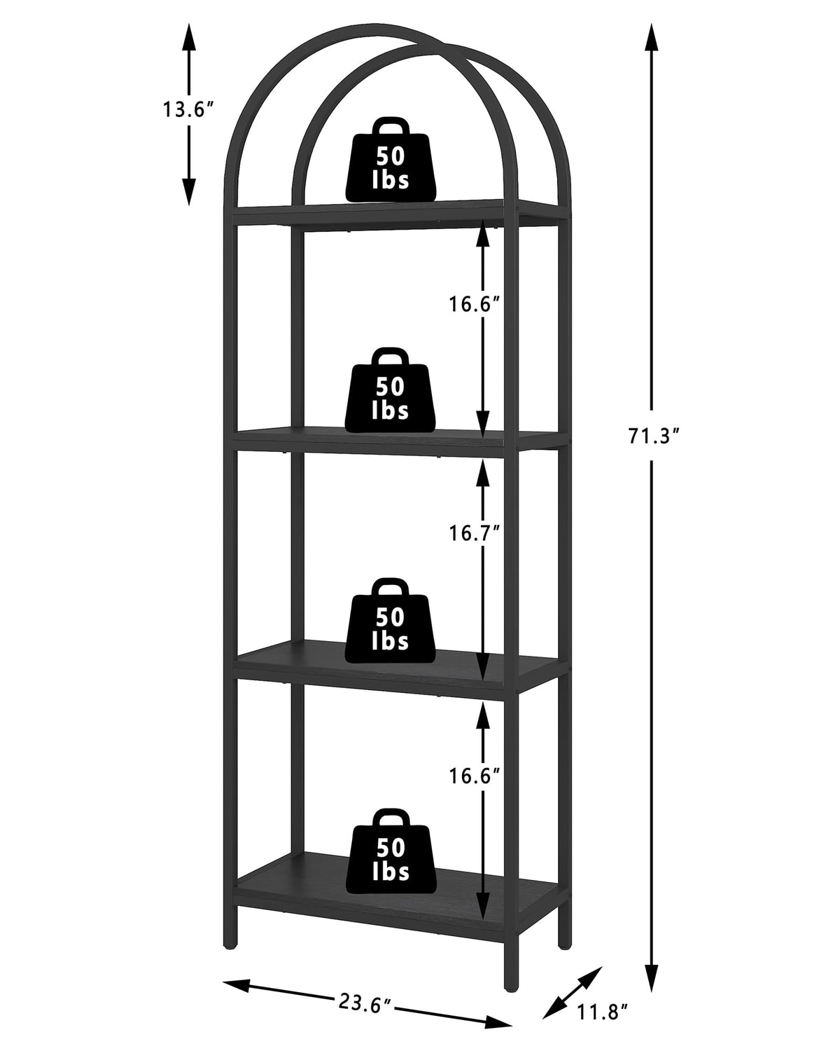 4 Tier Arched Black Bookshelf D3739
