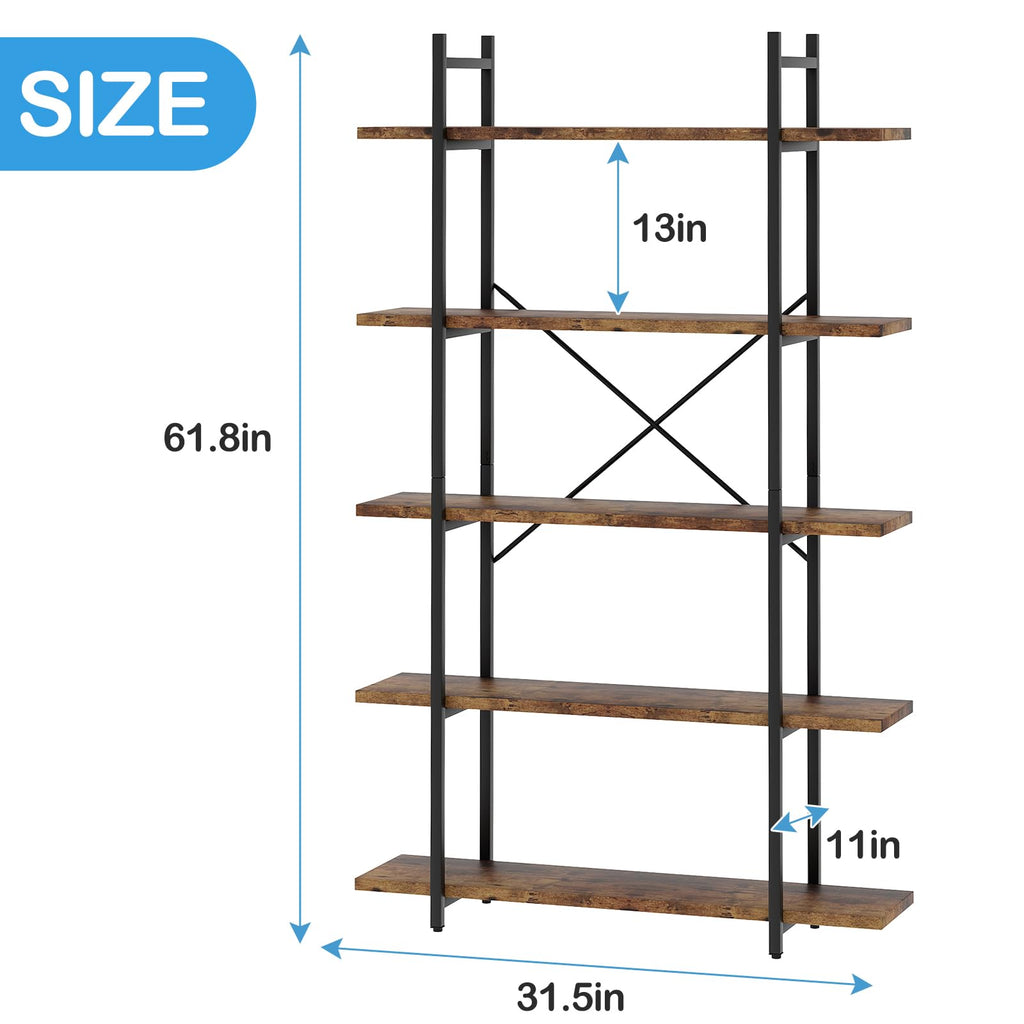 5 Tiers Rustic Brown and Metal Bookshelf S9781