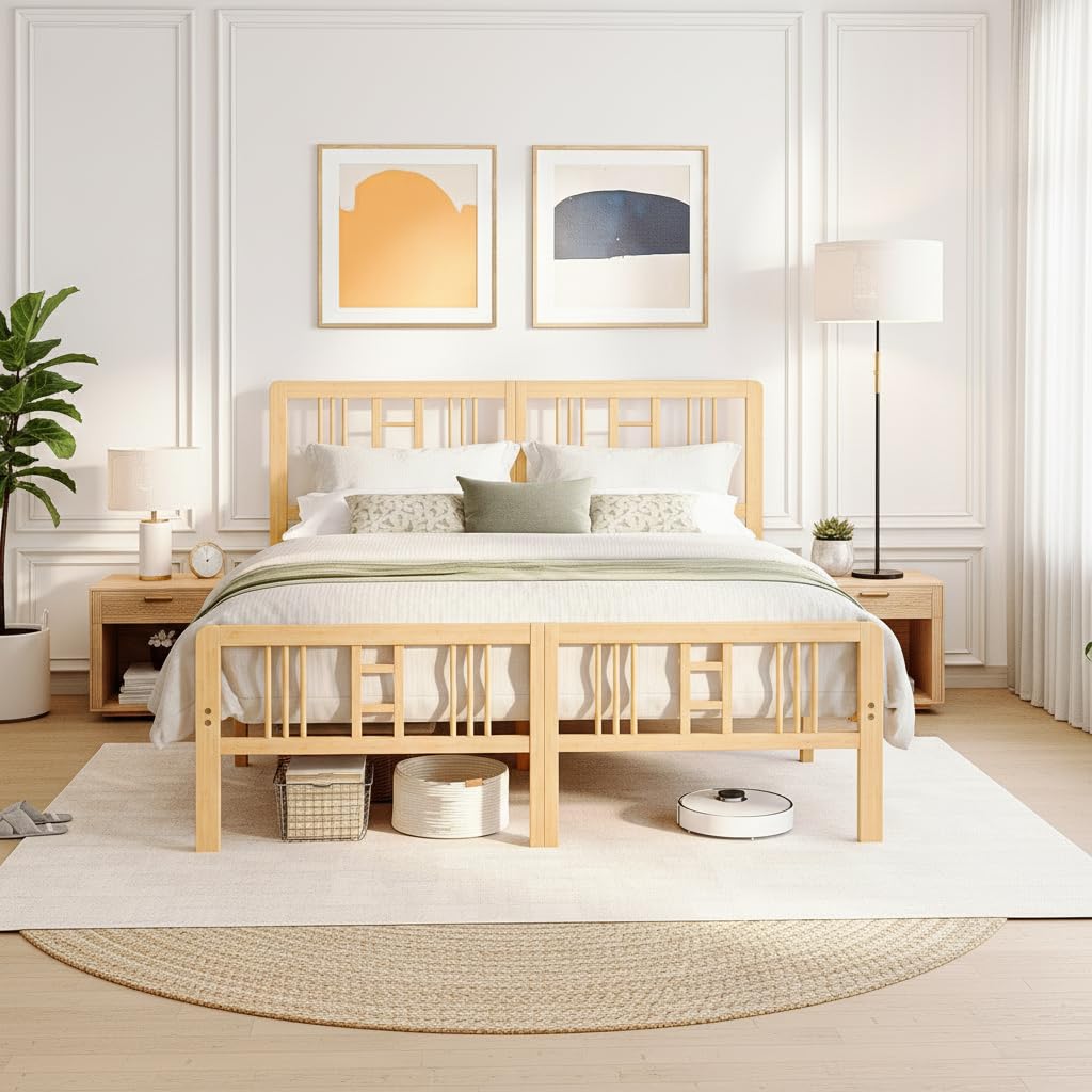14 Inch Solid Bamboo Wood Full Size Platform Bed Frame with Headboard I129