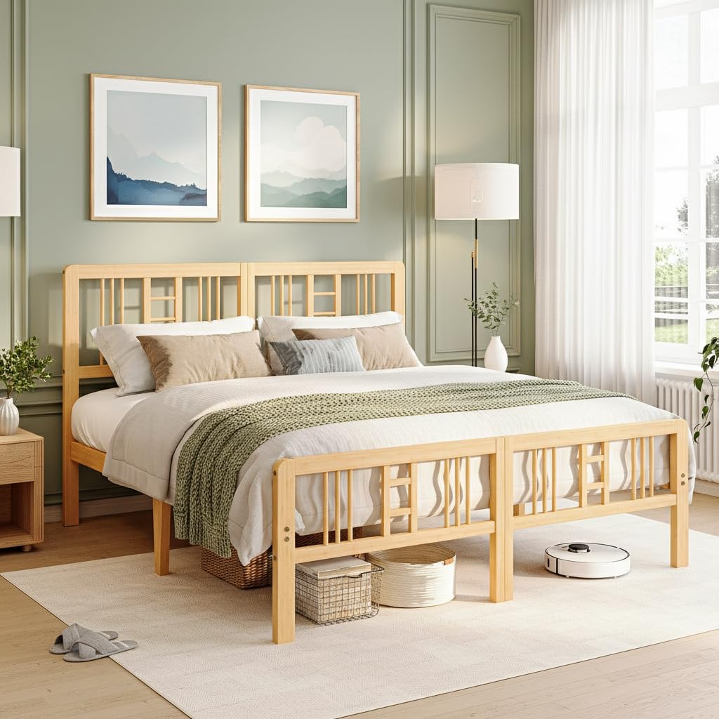 14 Inch Solid Bamboo Wood Full Size Platform Bed Frame with Headboard I129
