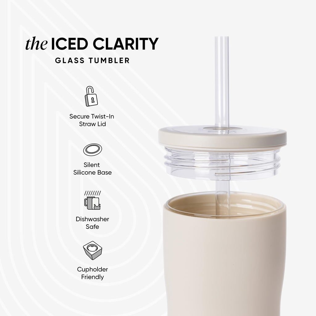 Glass Iced Coffee Cup with Straw Lid 20oz Beige Q170
