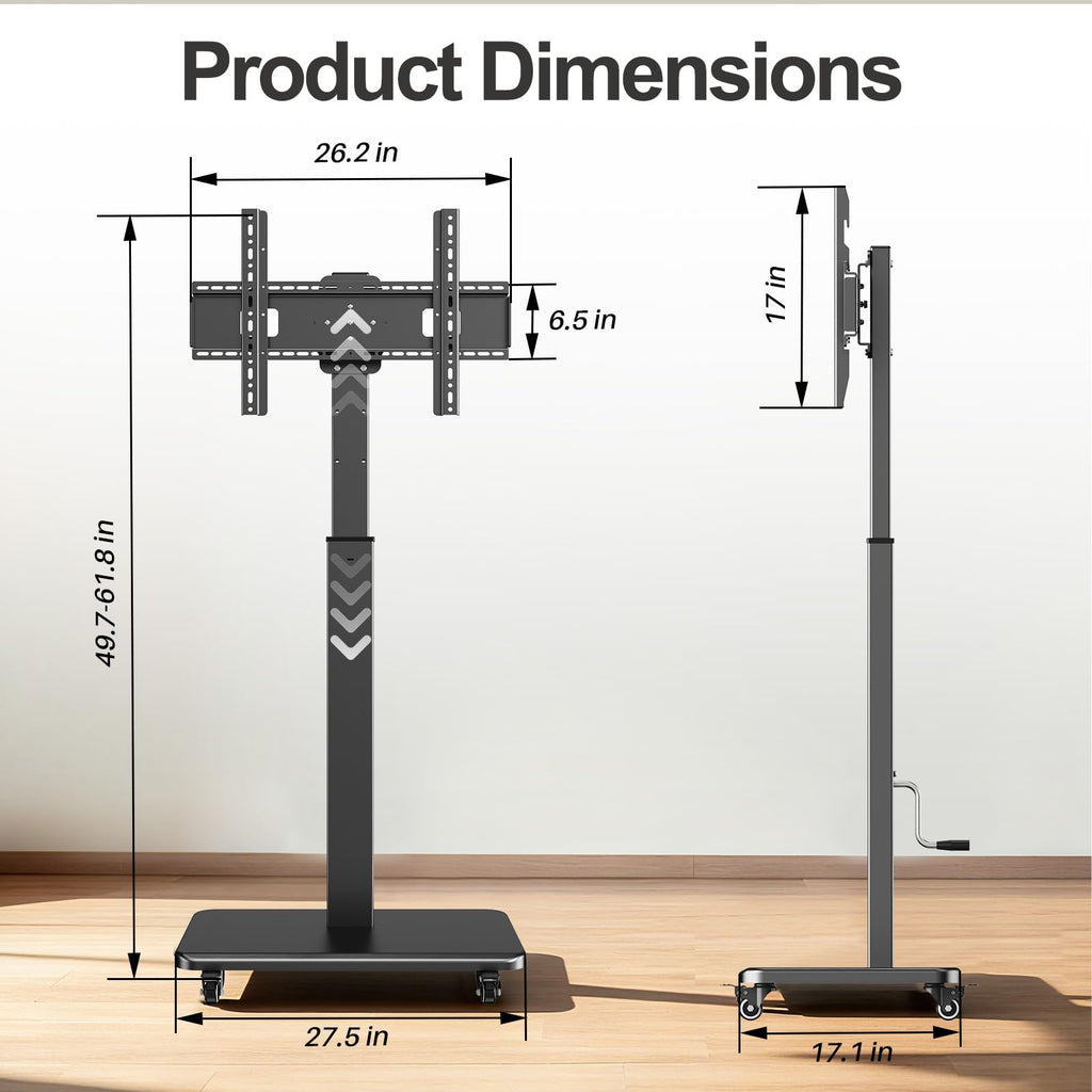 Mobile TV Stand on Wheels with 90° Swivel, Hand Crank Adjustable Height, for 42 to 75 inch TVs up to 110 lbs (Black) O940