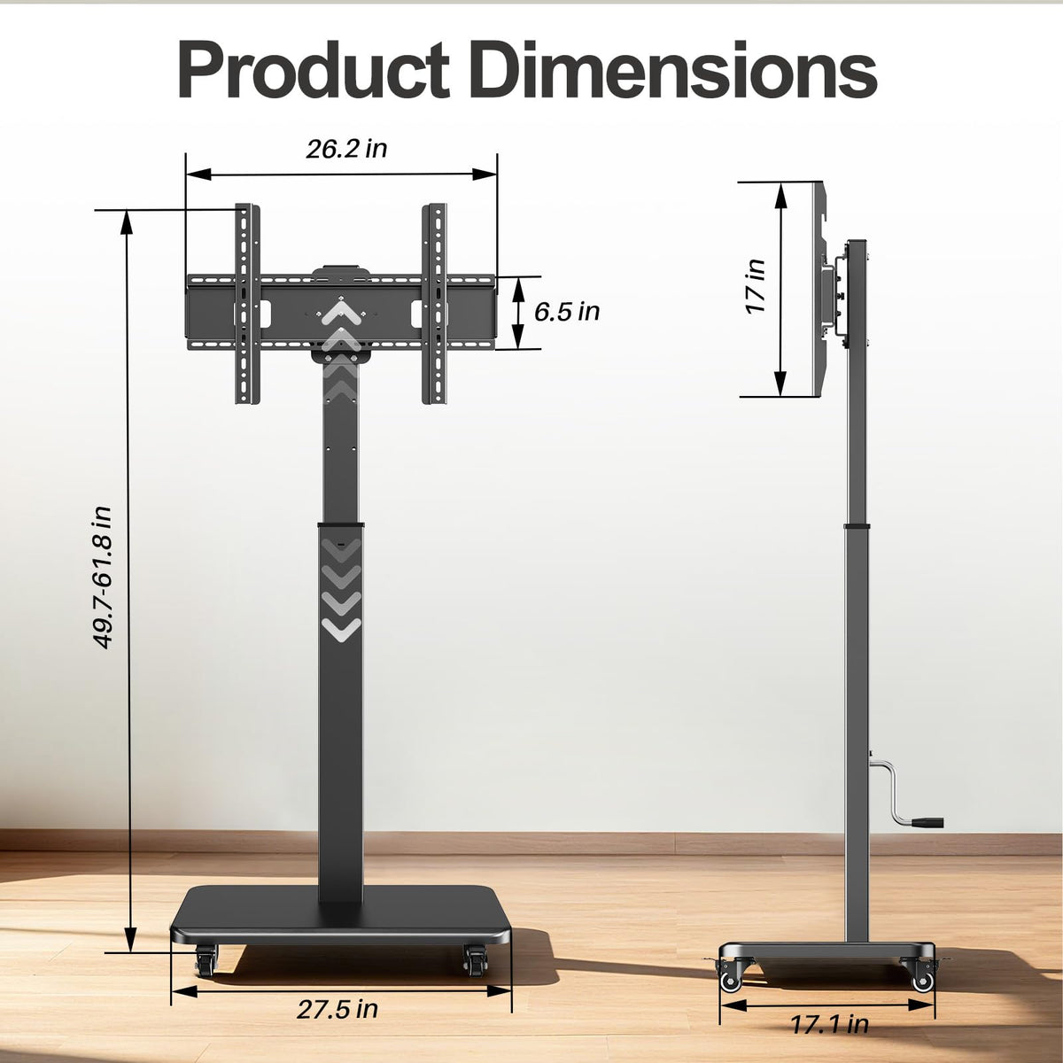 Mobile TV Stand on Wheels with 90° Swivel, Hand Crank Adjustable Height, for 42 to 75 inch TVs up to 110 lbs (Black) O940