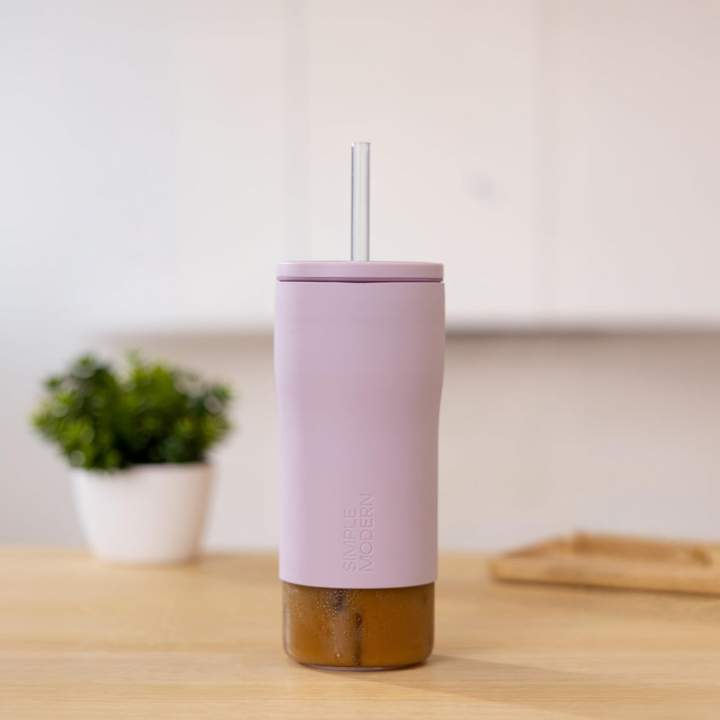 Glass Iced Coffee Cup with Straw Lid 20oz Beige Q170