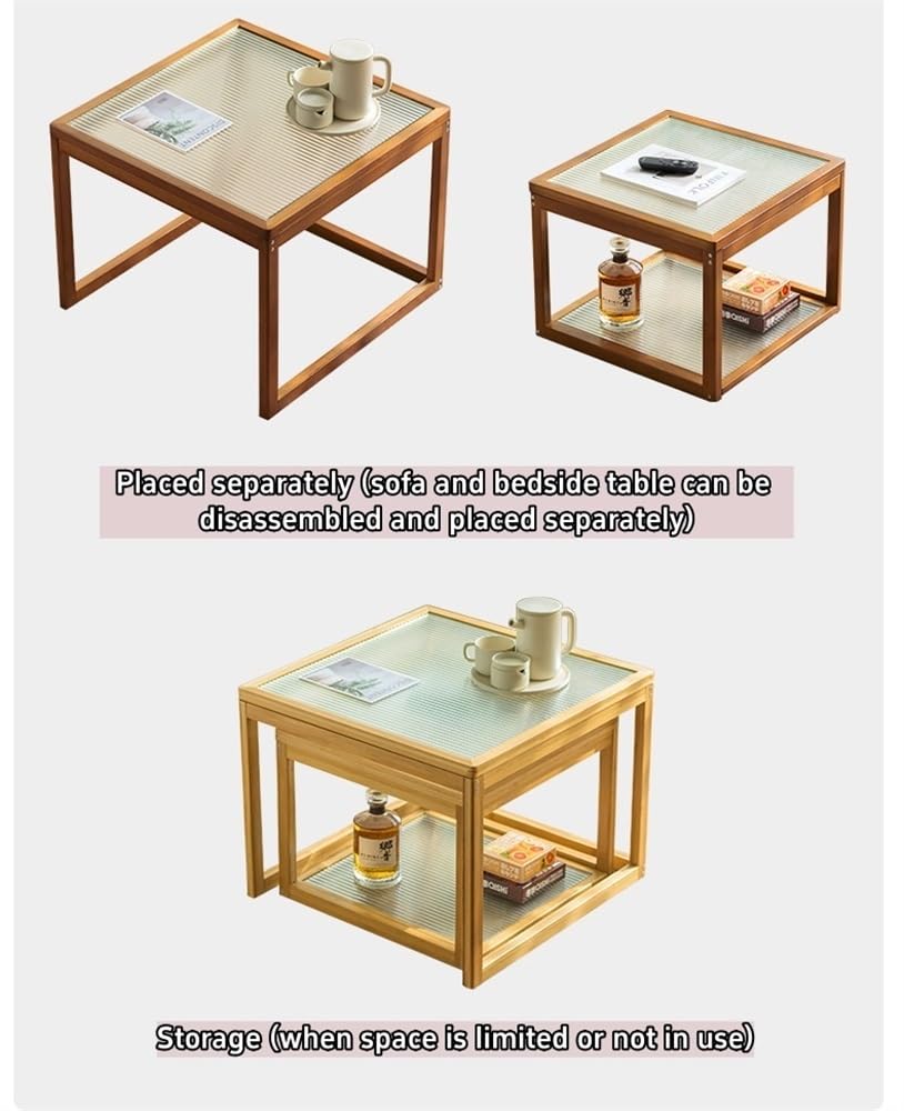 Nesting Coffee Tables Set of 2 Wooden Square Side Table with Tempered Glass Top F80505