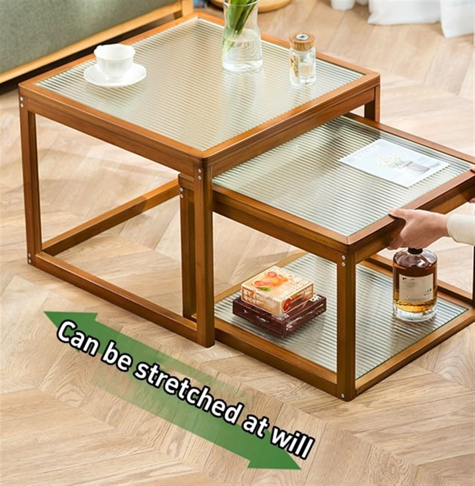 Nesting Coffee Tables Set of 2 Wooden Square Side Table with Tempered Glass Top F80505