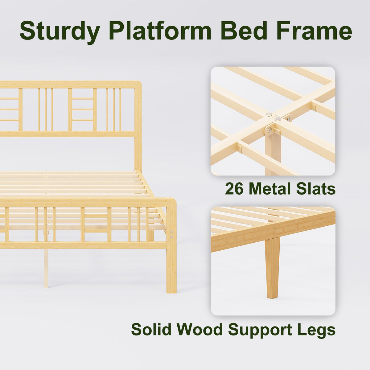 14 Inch Solid Bamboo Wood Full Size Platform Bed Frame with Headboard I129