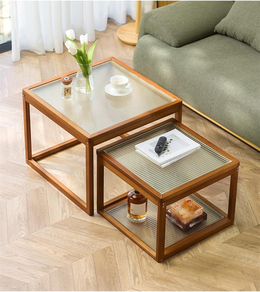 Nesting Coffee Tables Set of 2 Wooden Square Side Table with Tempered Glass Top F80505
