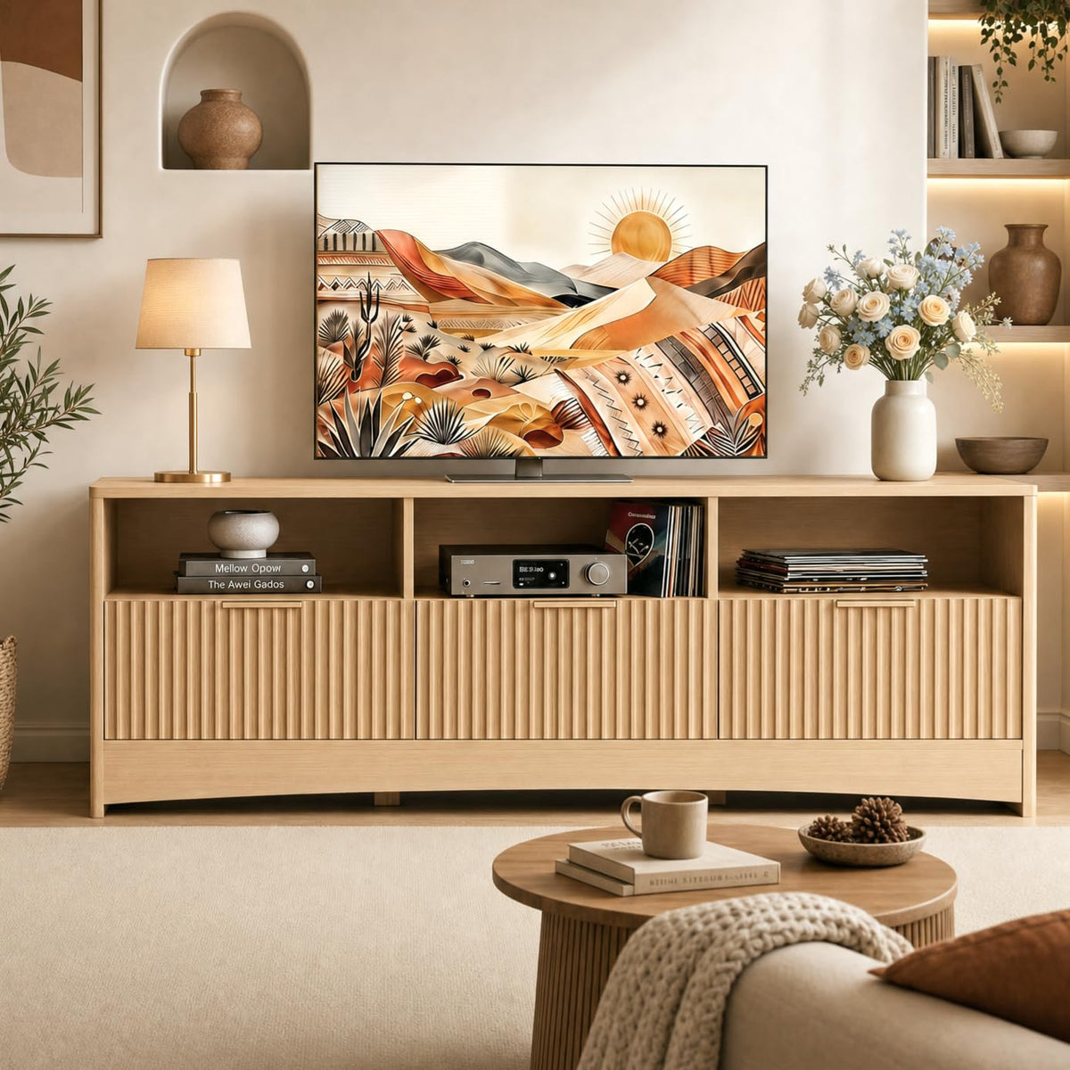 59″ Wide 3 Drawer TV Stand with Open Shelves, Natural Oak O786