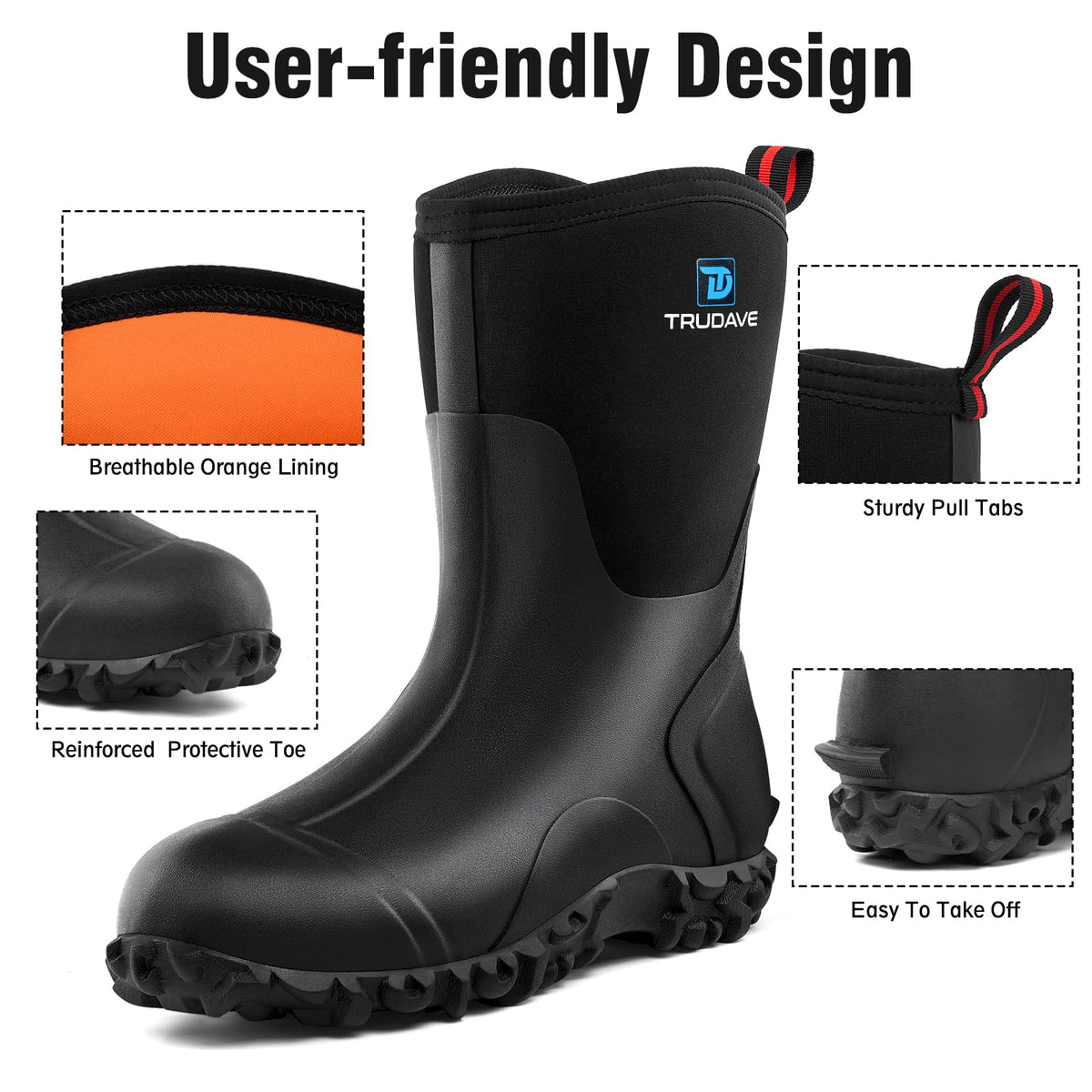 Rubber Boots with Steel Shank, 6mm Neoprene Mid Calf Rain Boots V627