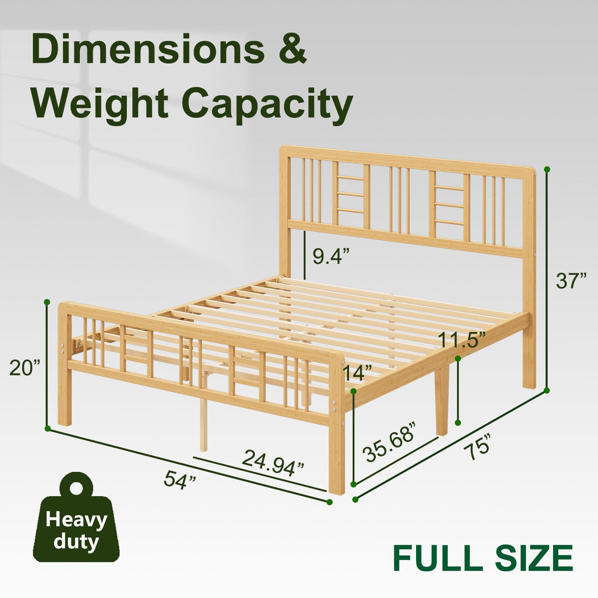 14 Inch Solid Bamboo Wood Full Size Platform Bed Frame with Headboard I129
