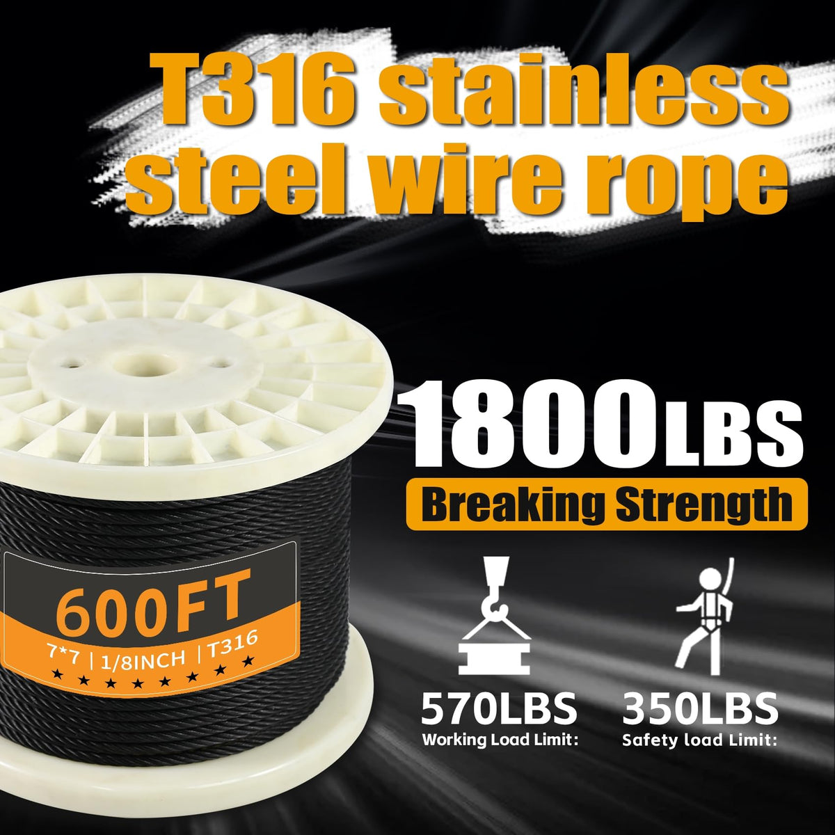 1/8" Black T316 Stainless Steel Cable Railing 600 FT 7x7 Wire Rope Z522