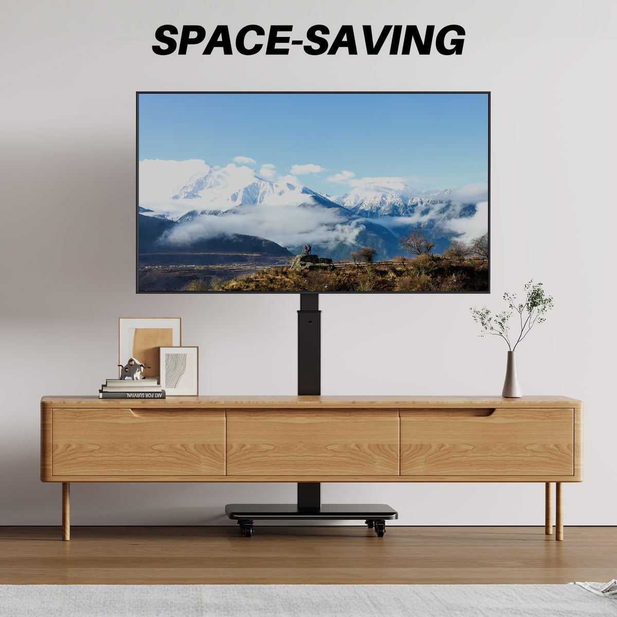 Mobile TV Stand on Wheels with 90° Swivel, Hand Crank Adjustable Height, for 42 to 75 inch TVs up to 110 lbs (Black) O940