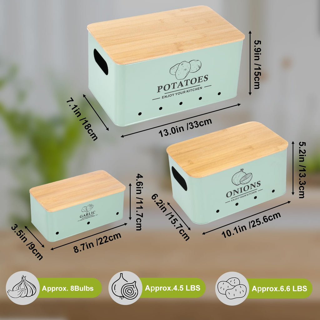 Metal Vegetable Storage Set of 3 with Aerating Holes and Bamboo Lid V3833