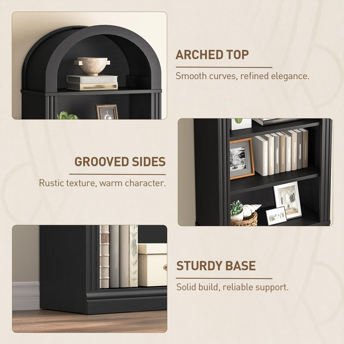 75.8" Tall Narrow 6-Tier Arched Wooden Bookshelf, Black D61473
