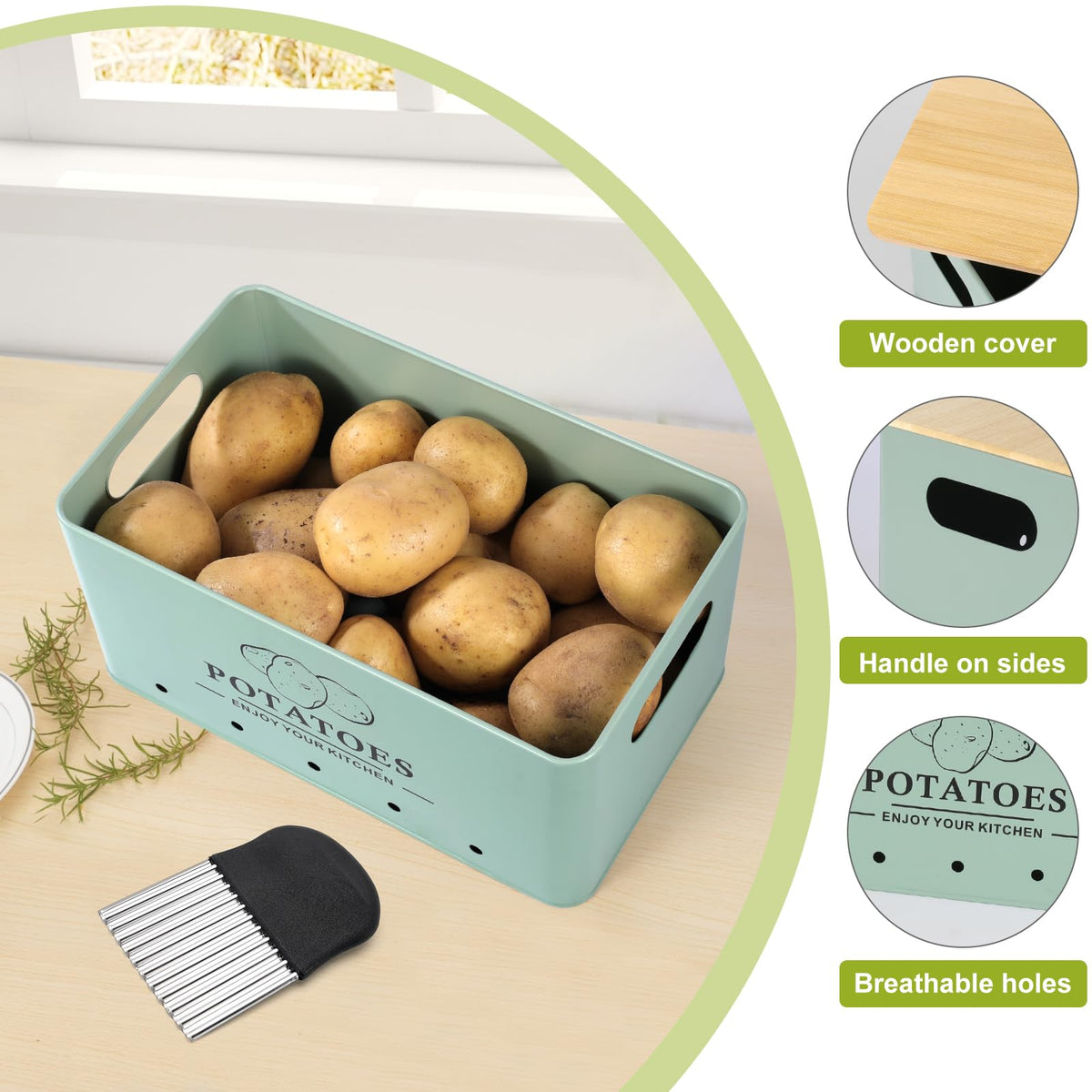 Metal Vegetable Storage Set of 3 with Aerating Holes and Bamboo Lid V3833