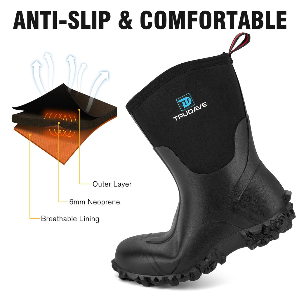 Rubber Boots with Steel Shank, 6mm Neoprene Mid Calf Rain Boots V627