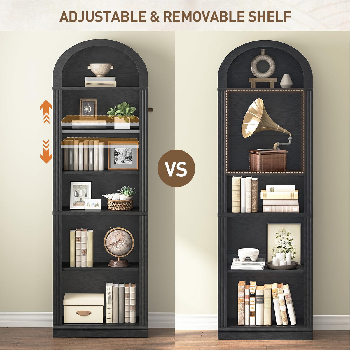 75.8" Tall Narrow 6-Tier Arched Wooden Bookshelf, Black D61473