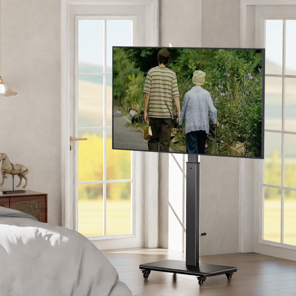 Mobile TV Stand on Wheels with 90° Swivel, Hand Crank Adjustable Height, for 42 to 75 inch TVs up to 110 lbs (Black) O940