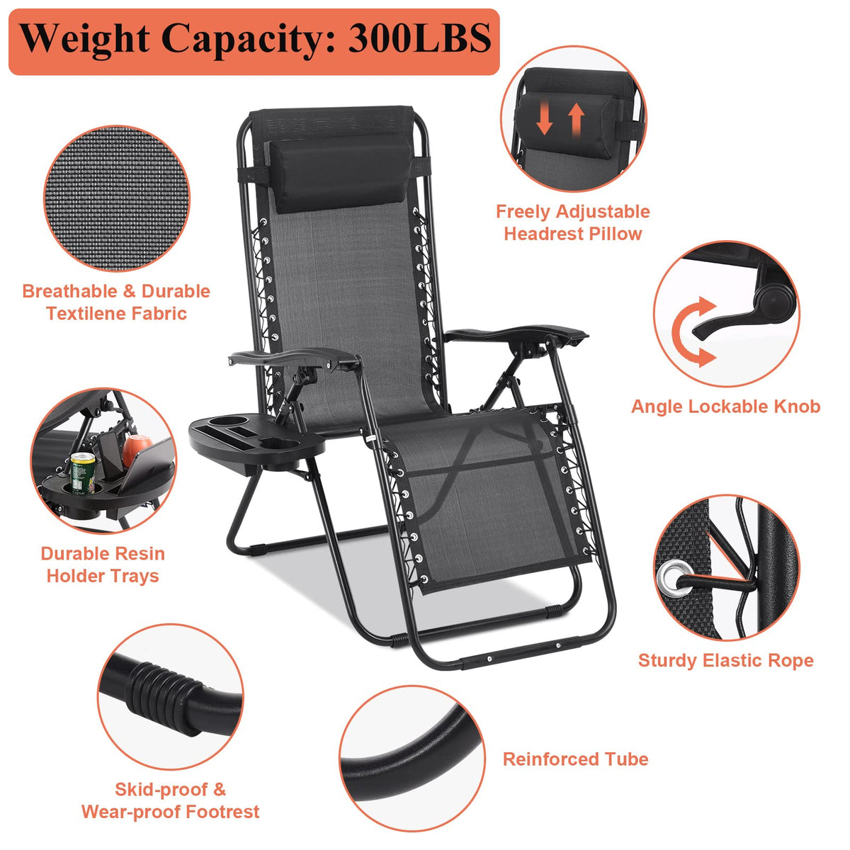 Zero Gravity Chair with Pillow and Cup Holder Trays, Black D861026