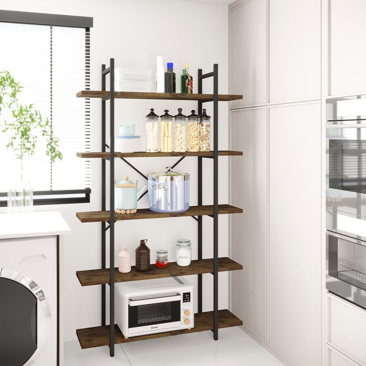 5 Tiers Rustic Brown and Metal Bookshelf S9781