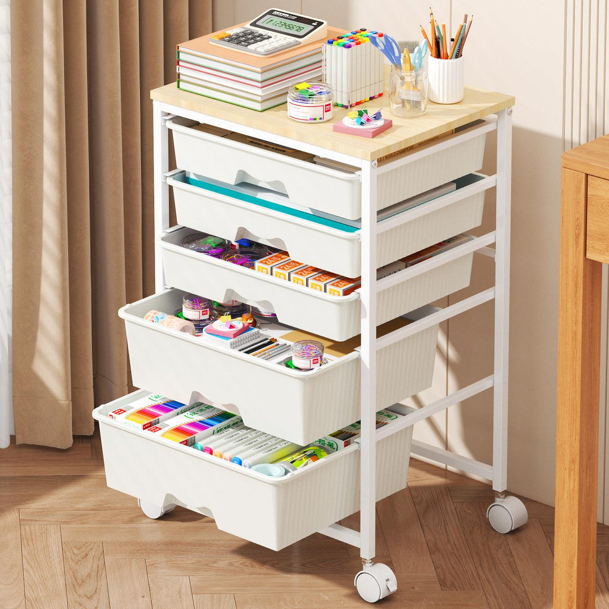 White Rolling Cart with 5 Drawers F5462