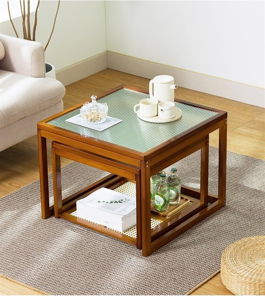 Nesting Coffee Tables Set of 2 Wooden Square Side Table with Tempered Glass Top F80505