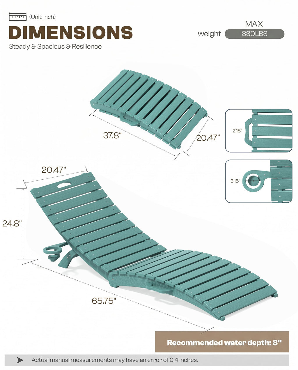 Blue HDPE Pool Chaise Lounge Chairs with Cup Holder, Set of 2 K5061