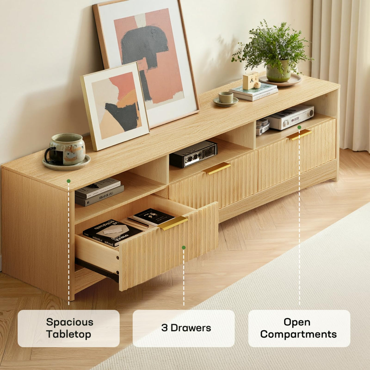 59″ Wide 3 Drawer TV Stand with Open Shelves, Natural Oak O786