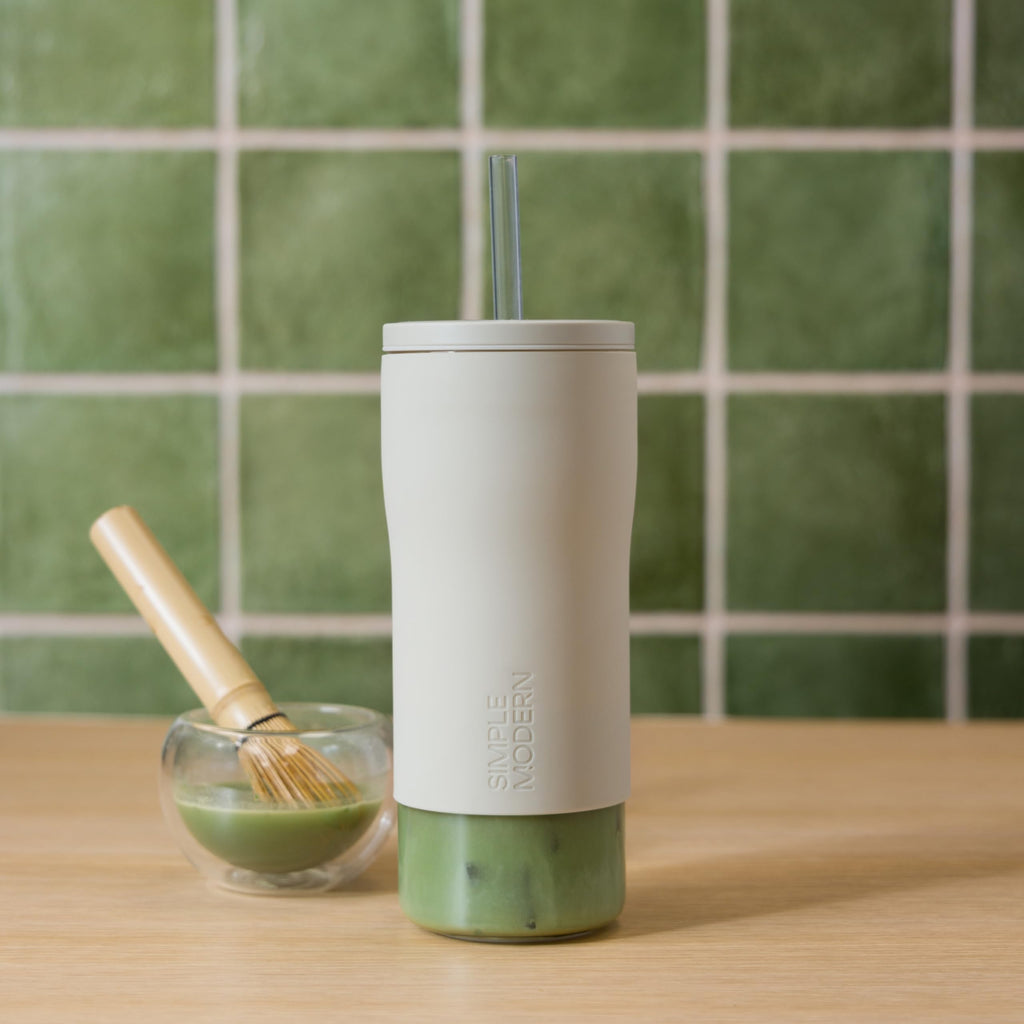 Glass Iced Coffee Cup with Straw Lid 20oz Beige Q170