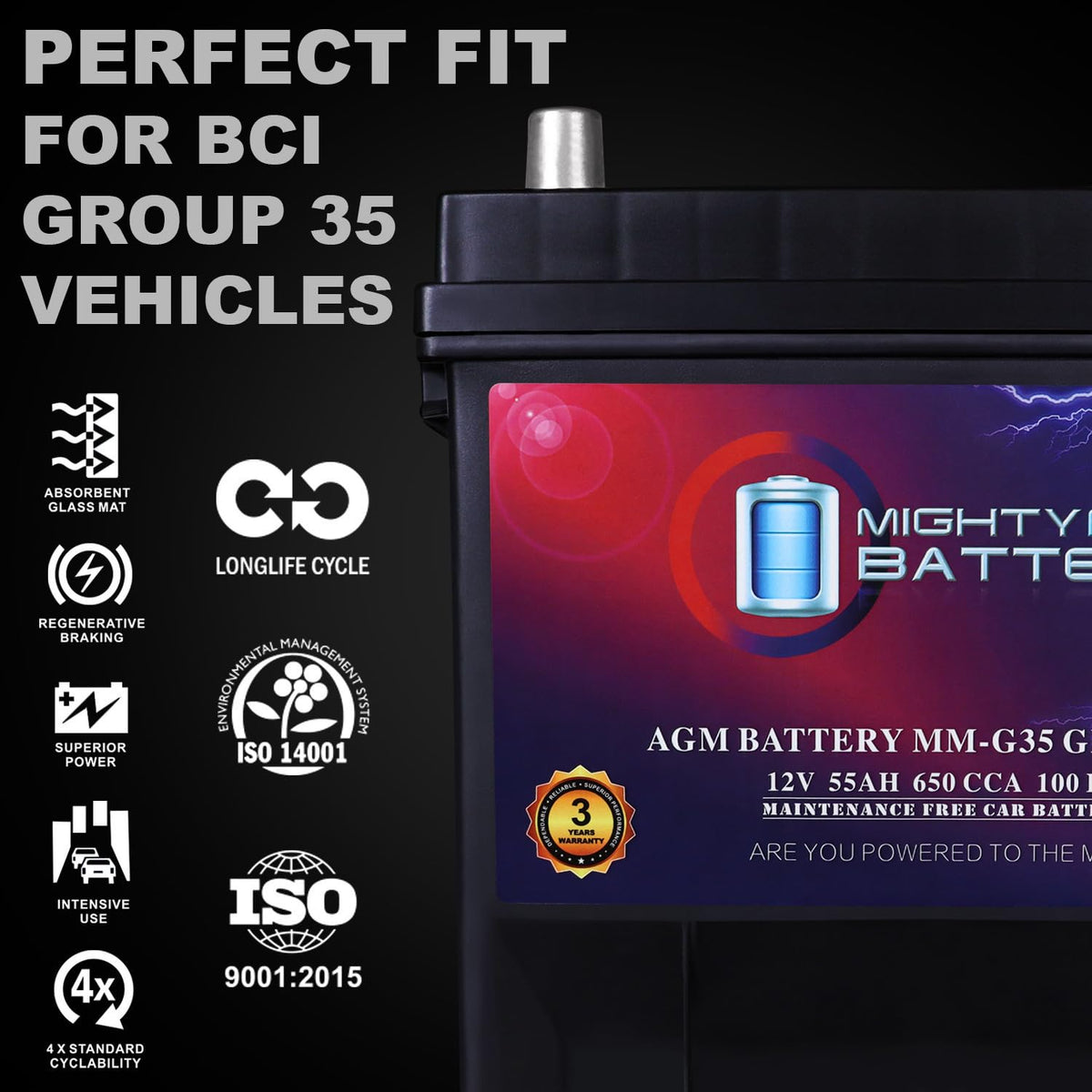 12V 55Ah AGM 650 CCA Group Size 35 Battery K80800