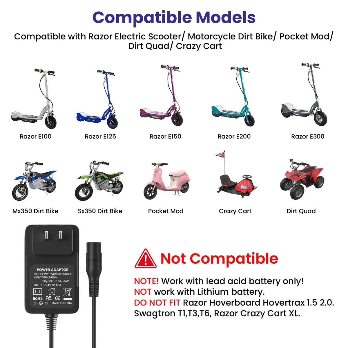24V Electric Scooter Charger 3-Prong Inline Female Power Cord W422801