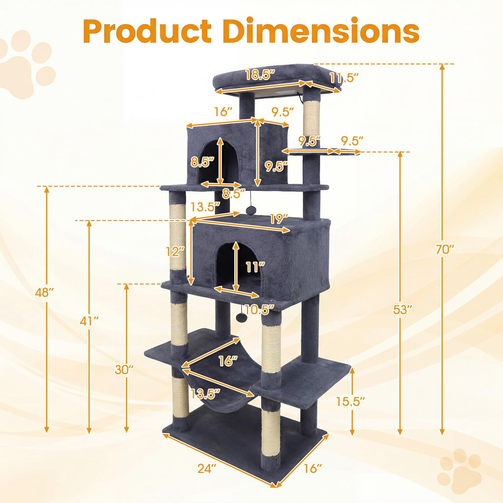 70-inch Multi-Level Cat Tree with Condos and Hammock E1902