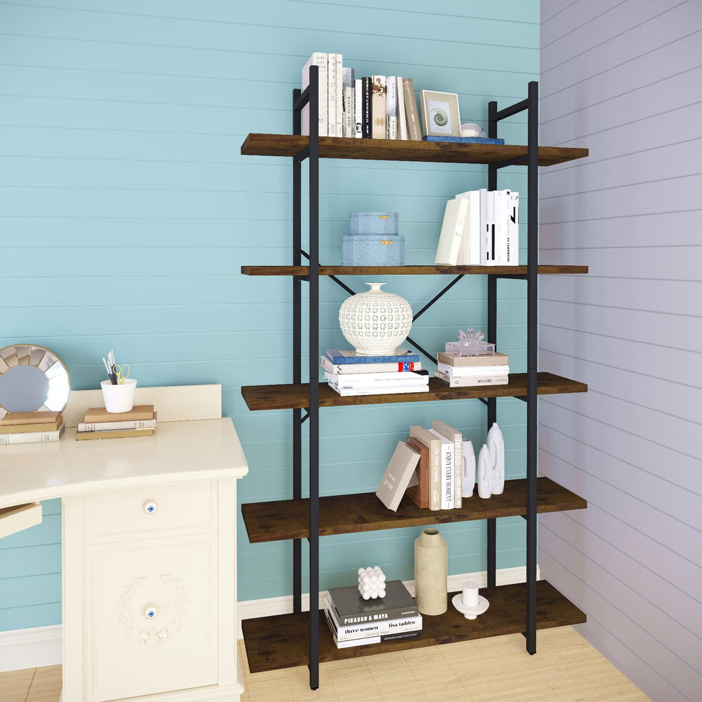 5 Tiers Rustic Brown and Metal Bookshelf S9781