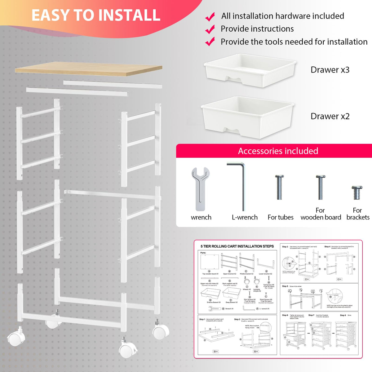 White Rolling Cart with 5 Drawers F5462