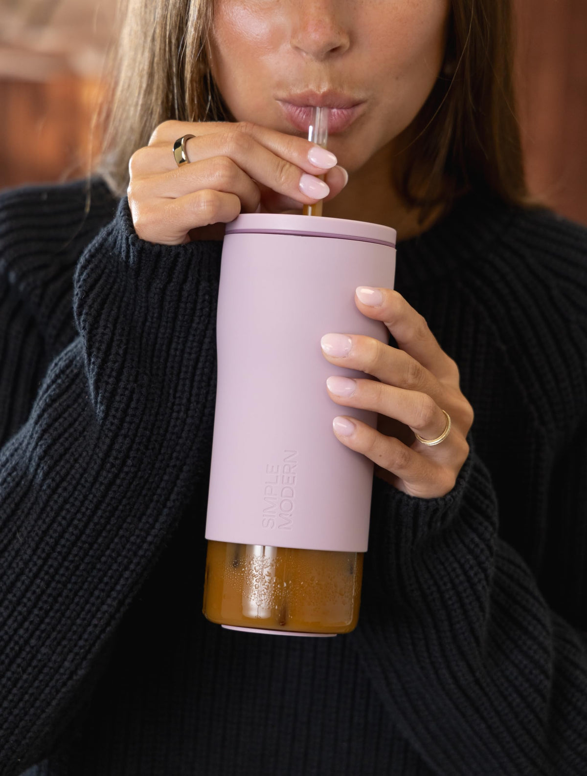 Glass Iced Coffee Cup with Straw Lid 20oz Beige Q170
