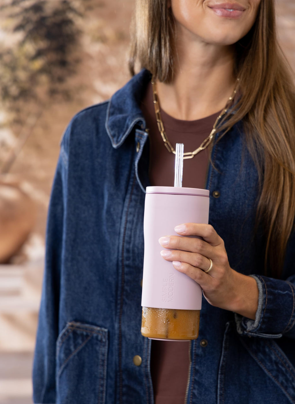 Glass Iced Coffee Cup with Straw Lid 20oz Beige Q170