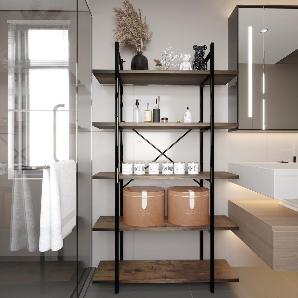 5 Tiers Rustic Brown and Metal Bookshelf S9781