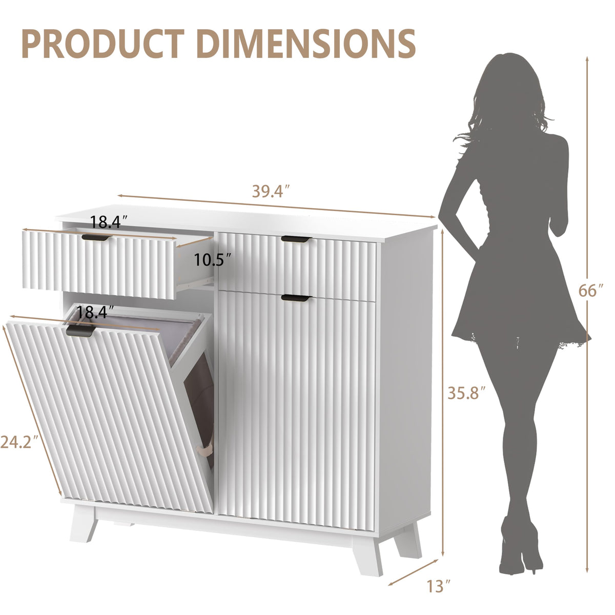 White 20 Gallon Double Tilt Out Laundry Hamper Cabinet with 2 Drawers C8460