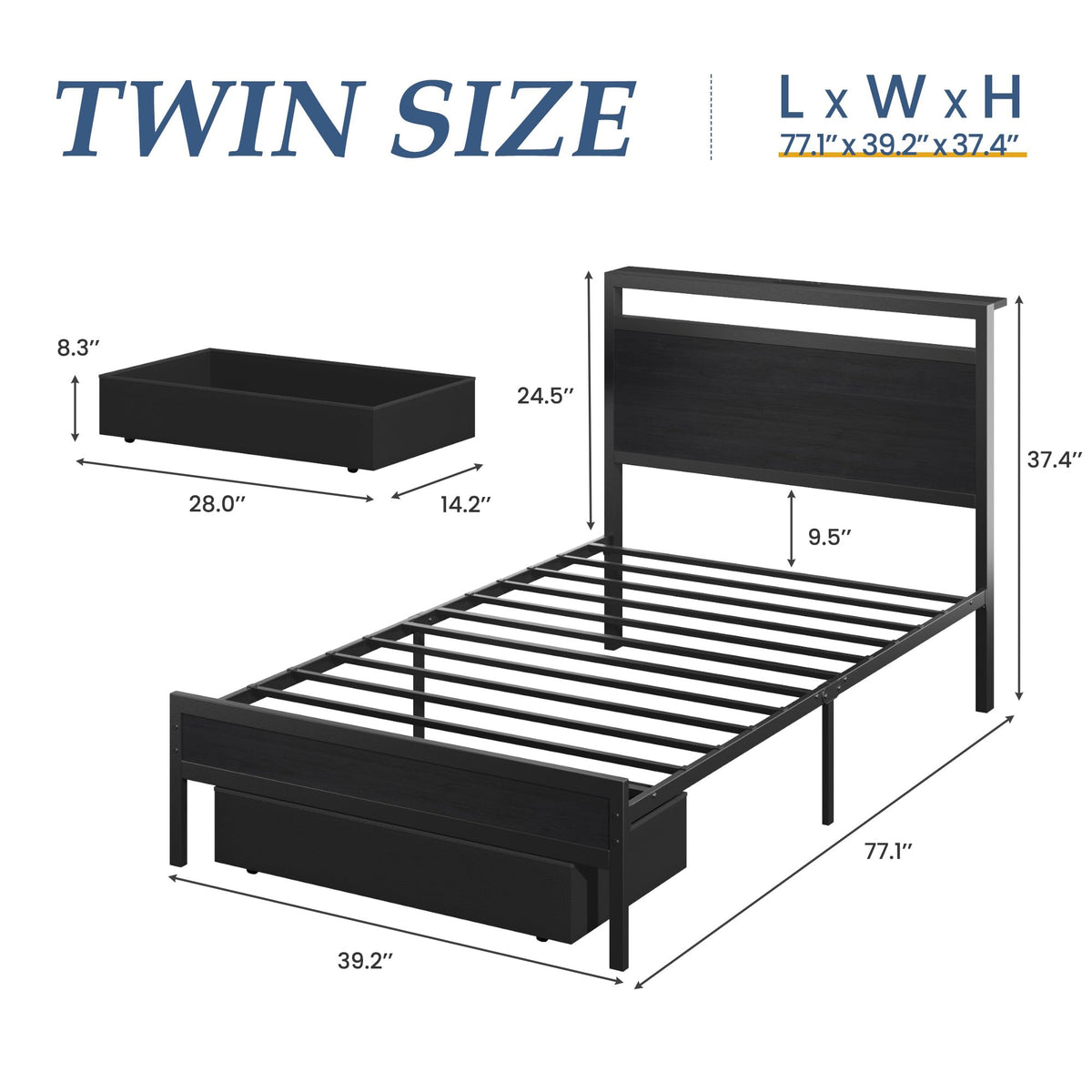 Twin Bed Frame with Storage Headboard & Drawer, Charging Station & LED Light, Black M20520