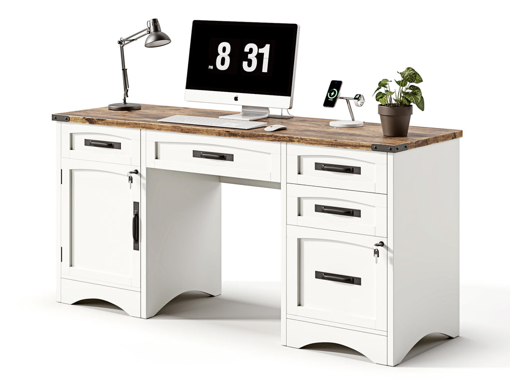 White Wood Executive Desk with Drawers and File Cabinet I817